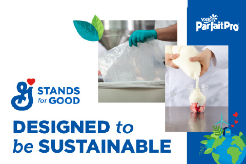 G Stands for Good, Designed to be sustainable - Yoplait ParfaitPro film packaging being placed into recycling bin, yogurt being poured into plastic cup with strawberries