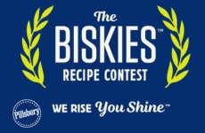 The Biskies Recipe Contest: We Rise, You Shine. Blue background with white text and chartreuse laurel accent.